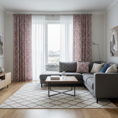 Inredningsbild där Ester vinröd gardiner ramar in ett fönster i ett modernt vardagsrum med grå soffa och matchande kuddar.