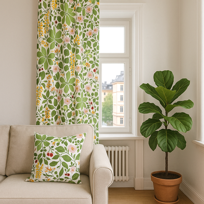 Vardagsrum med Haga grön blommigt kuddfodral och Haga grön blommiga gardiner