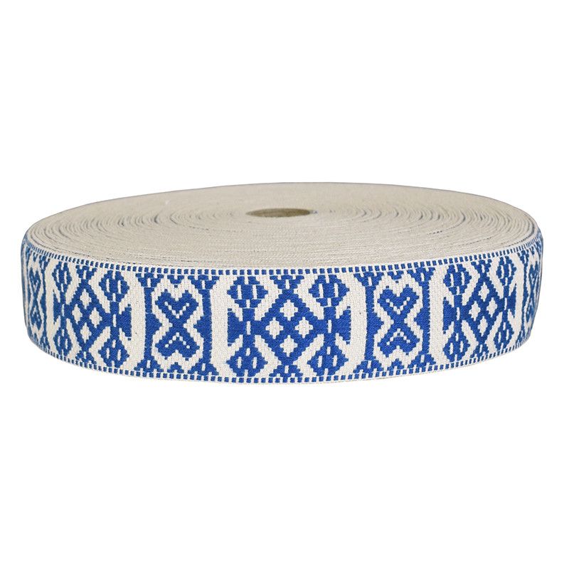 Hemslöjdsband blå bomullsband för dekoration i hemslöjds stil i vitt och blått tillverkade i Sverige.