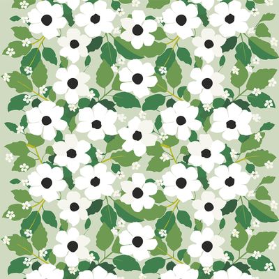 Blommigt stormönstrat tyg Svartöga grön med vita blommor, mörka mittpunkter och gröna blad på ljusgrön botten