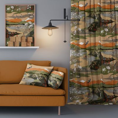 Fjallvandring-gron-beige-gardin