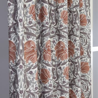 Gardiner i grått och rost med Morris stil, passar till vardagsrum och köket.