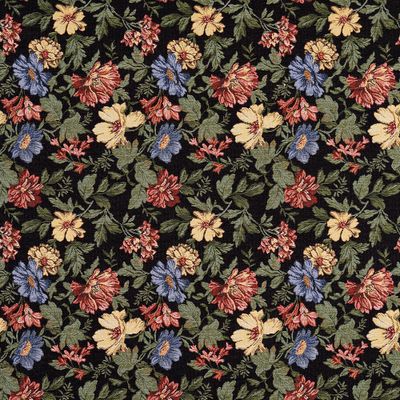 Marujita svart gobeläng med klassiskt blommönster i rött, blått och gult mot svart botten