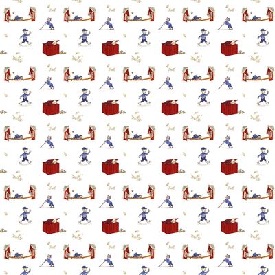 Emils Upptåg vit bomullstyg som visar hela tygets bredd med motiv från Emil i Lönneberga