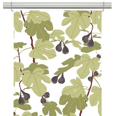 Panelgardin med ljusgröna blad och fikon på vit botten