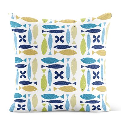 Fina fisken turkos kuddfodral med retroinspirerat fiskmönster i turkosa, blå och gröna toner