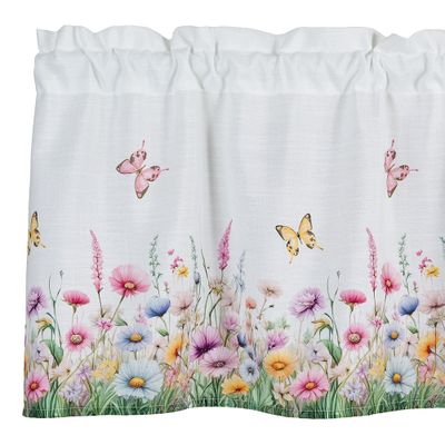 Selma kanalkappa metervara med färgglada blommor och fjärilar på ljus botten