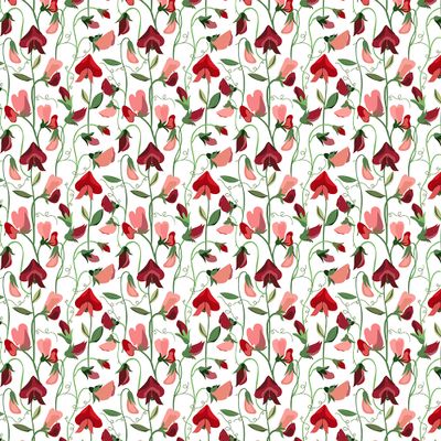 Blommigt tyg med röda och rosa luktärter och gröna slingrande stjälkar på ljus botten