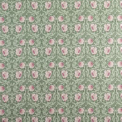 Helbild av tyg med upprepat blommönster i rosa och grönt