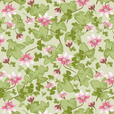 Blommigt tyg Sippa grön med rosa blommor och gröna blad på ljusgrön botten