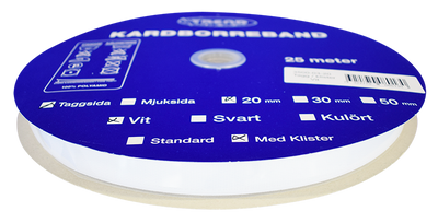 En hel rulle med självhäftande kardborreband på 25m i vitt och 20mm sybehör.