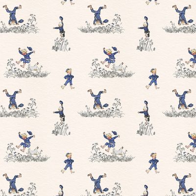 Mönstrat bomullstyg Emils Glädjeskutt beige med Emil i Lönneberga i glada hopp och rörelser på beige botten