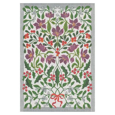 Kökshandduk i 100% ekologisk bomull med mistelmotiv i gröna och vita toner, tillverkad av Ekelund i Sverige.