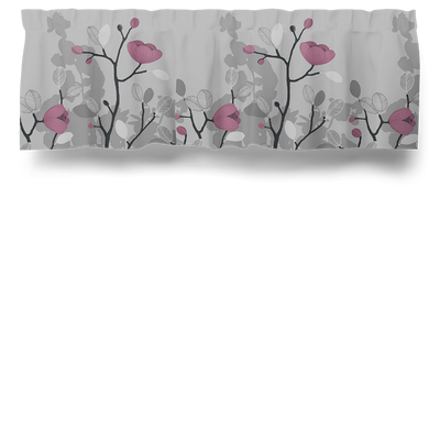 Blommig gardinkappa med grå botten och rosa/röda blommor