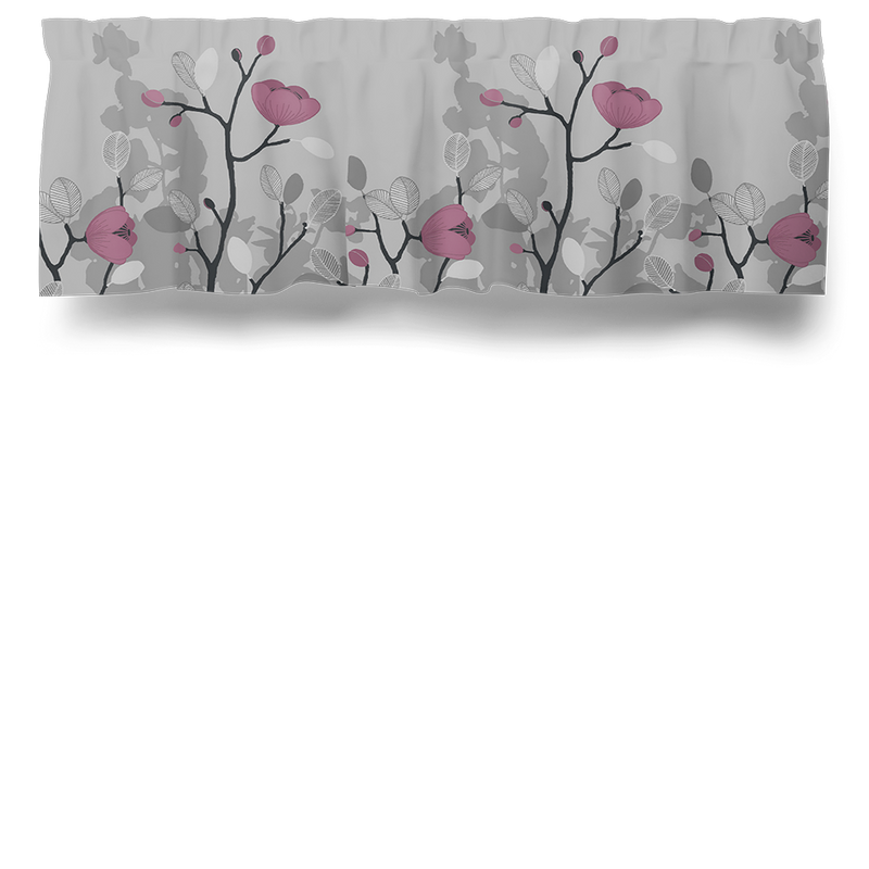 Blommig gardinkappa med grå botten och rosa/röda blommor