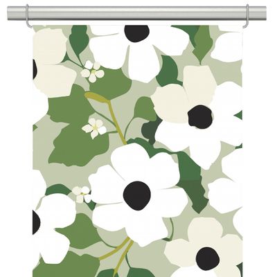 Svartöga grön panelgardiner med vitt blomstermönster och gröna blad, detaljvy