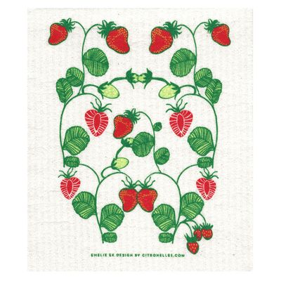 Disktrasa med jordgubbar tillverkad i Sverige av cellulosa.
