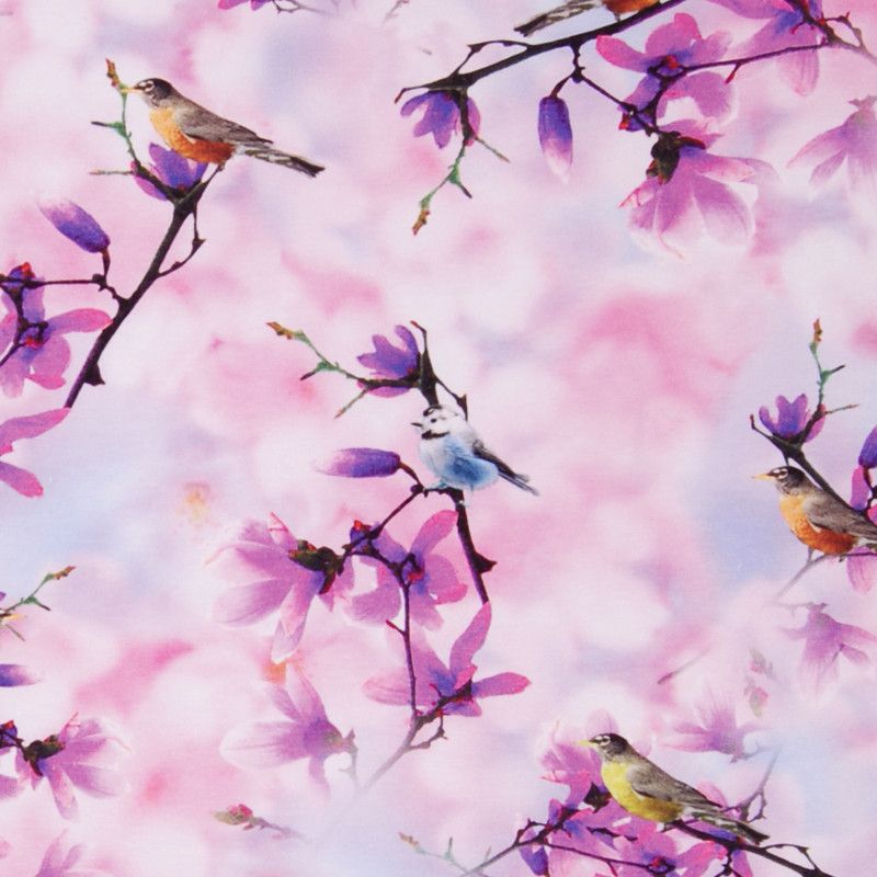 Trikåtyg Purple birds - Digitaltryckt trikåtyg med blommor och fåglar i lila nyanser på oeko-tex certifierat tyg.