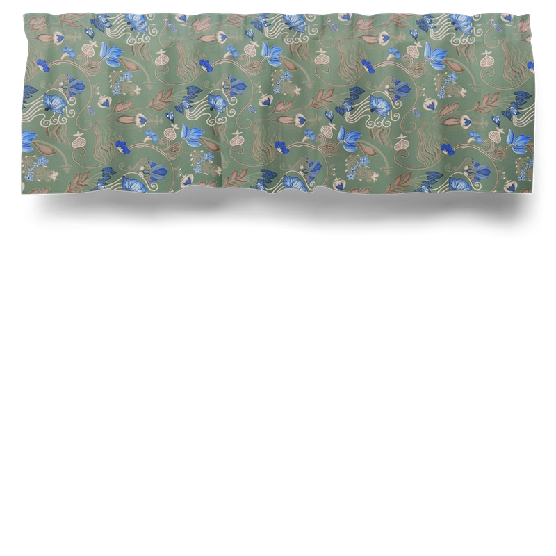 Grön gardinkappa med vackra blommor och kurbits i beige och blått