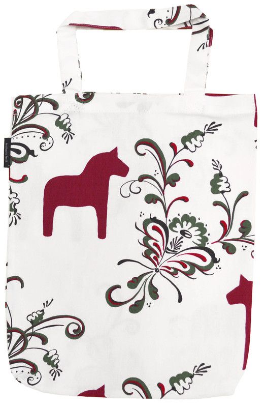 Tygkasse med röda dalahästar, röd och grön kurbits från Arvidssons Textil.