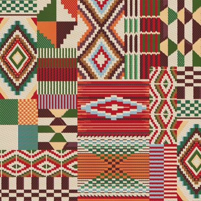 Närbild på Africa allover multi möbeltyg med färgstarka geometriska rutor, romber, ränder och ornament i rött, grönt, turkost och naturtoner.