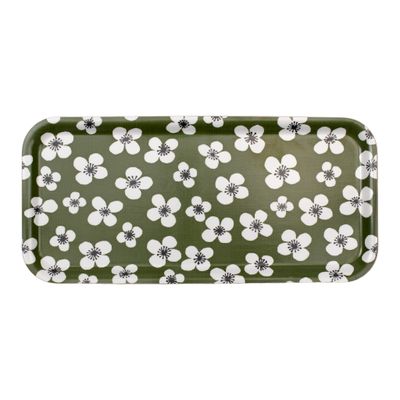 Belle Amie mörkgrön serveringsbricka 32x15 cm från Almedahls med Marianne Westmans klassiska mönster av vita blommor på mörkgrön botten.