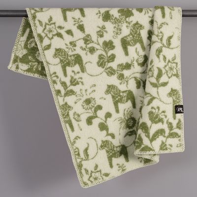 Draperad grön vändbar ullpläd 65x95cm med dalahästar och kurbits