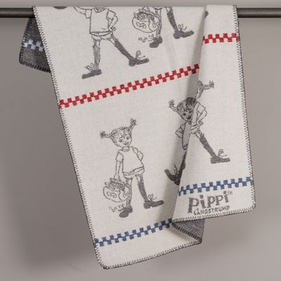Draperad barnpläd i grå merinoull med lekfulla Pippi Långstrump motiv