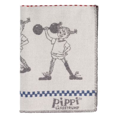 Vikt grå barnpläd i merinoull med motiv av Pippi Långstrump