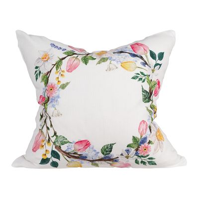 Kuddfodral Blomsterkrans i slubkvalitet med digitaltryckt blomsterkrans och enfärgad baksida