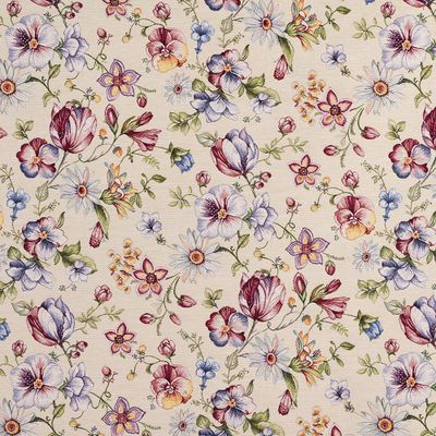 Närbild på Ganita gobeläng med pastellfärgade blommor på ljus botten.