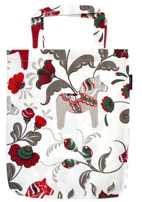 Tygkasse Leksand vit-röd med dalahästar och kurbits från Arvidssons Textil.