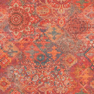 Närbild av Persian bomullstyg med orientaliska medaljonger, ornament och geometriska mönster i varma röda och orange toner