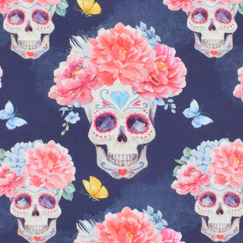 Trikåtyg Romantic skull trikå med döskallar och blommor- nordisktextil.se