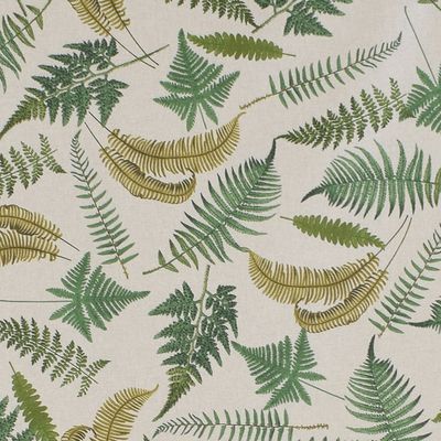 Ormbunke tyg - Digital tryckt tyg för gardiner och inredning med motiv av gröna växter på en linne färgad botten på metervara, finns att köpa online.