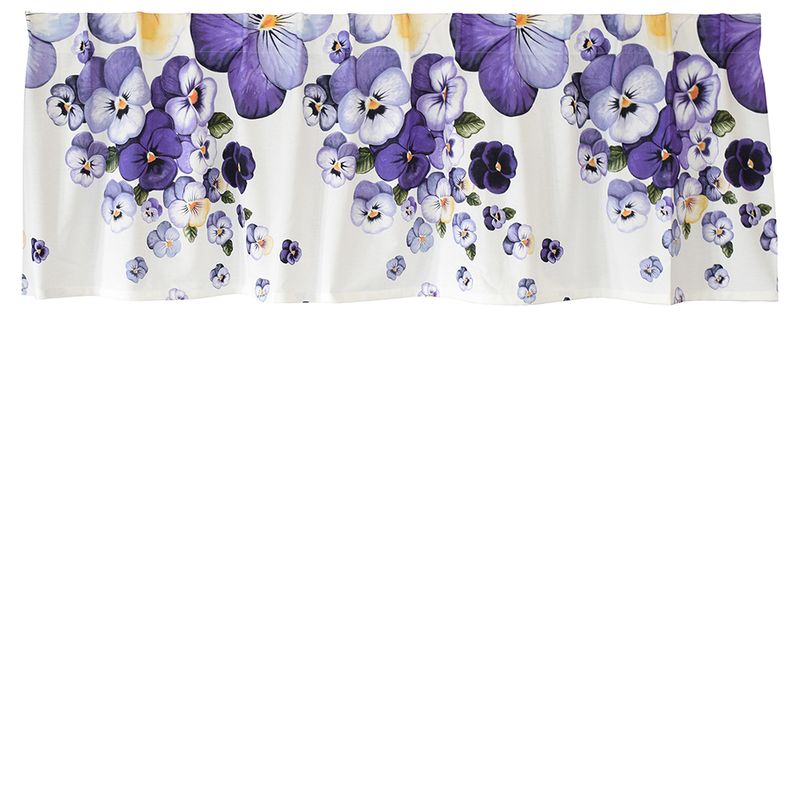 Gardinkappa på metervara med vit botten och violer i blått och lila från Arvidssons Textil.
