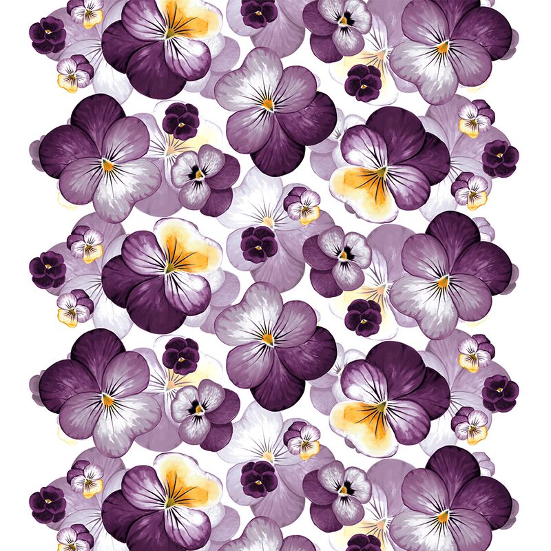 Tyg med stora violer i lila och gult.