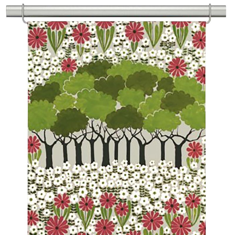 Panelgardiner med gröna träd och blommor i retro stil i rött