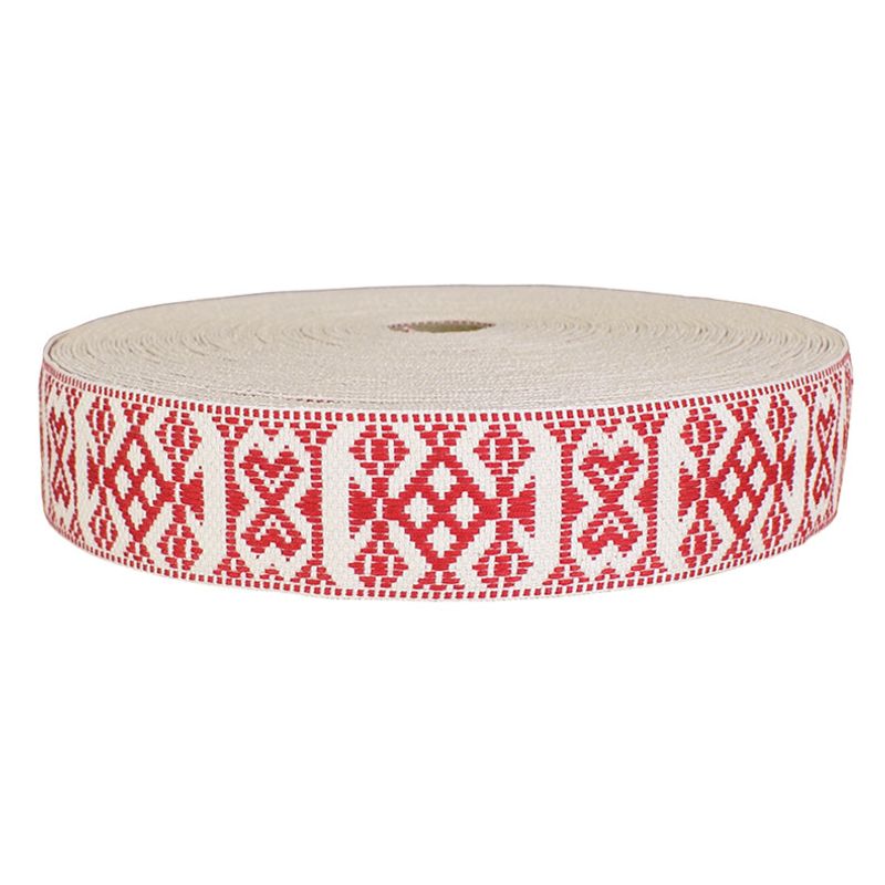 Hemslöjdsband röd bomullsband för dekoration i hemslöjds stil i vitt och röd tillverkade i Sverige.