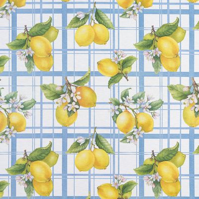 Textilvaxduk med citronmotiv och blårutigt mönster på ljus bakgrund.
