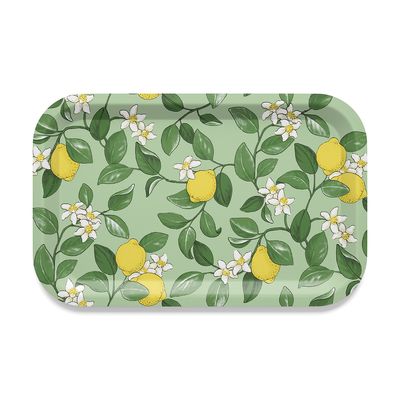 Rektangulär grön bricka med blomstermönster av citroner, gröna blad och vita blommor