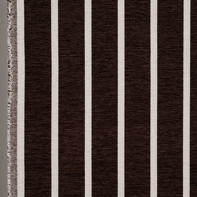 Mörkbrunt randigt möbeltyg med synlig vävstruktur och tygkant