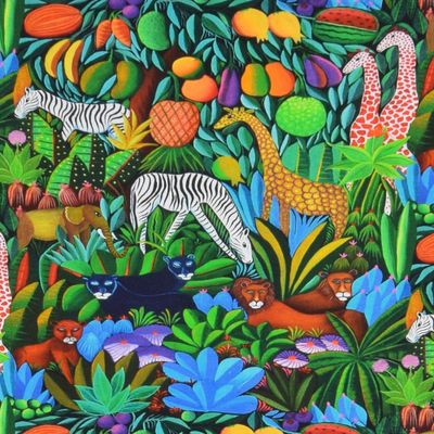 Trikå tyg med coolt djungel mönster i massor med starka färger. Oeko-tex