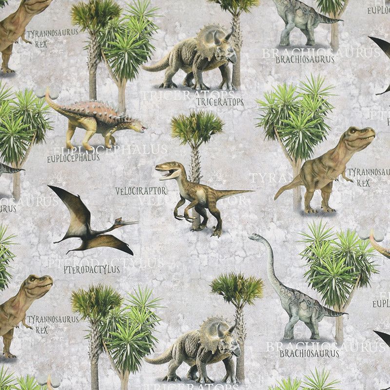 Velociraptor gardin och inrednings tyg med motiv av dinosaurier på metervara finns online hos nordisktextil.se.