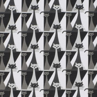 Trikåtyg Kitty grå trikå med retro katter | nordisktextil.se