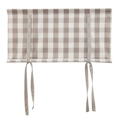 Beige rutig hissgardin i återvunnen bomull med smårutiga knytband och klassiskt rutmönster.
