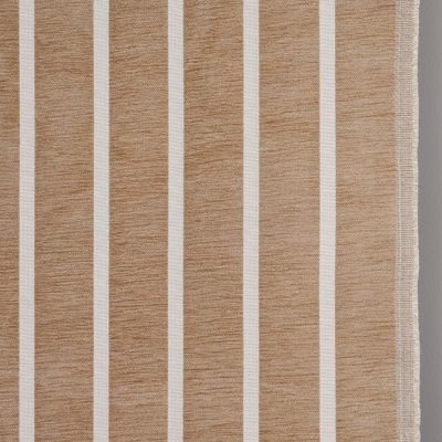 Beige randigt möbeltyg med synlig vävstruktur och tygkant