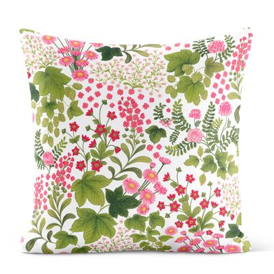 Kuddfodral med små rosa blommor och gröna blad på ljus botten