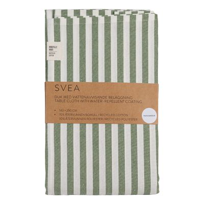 Svea Äpple textilvaxduk med gröna och naturvita ränder samt vattenavvisande beläggning, vikt i originalförpackning.