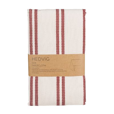 Vikt Hedvig offwhite bordsduk 140x280 cm med röda broderade ränder på offwhite botten.